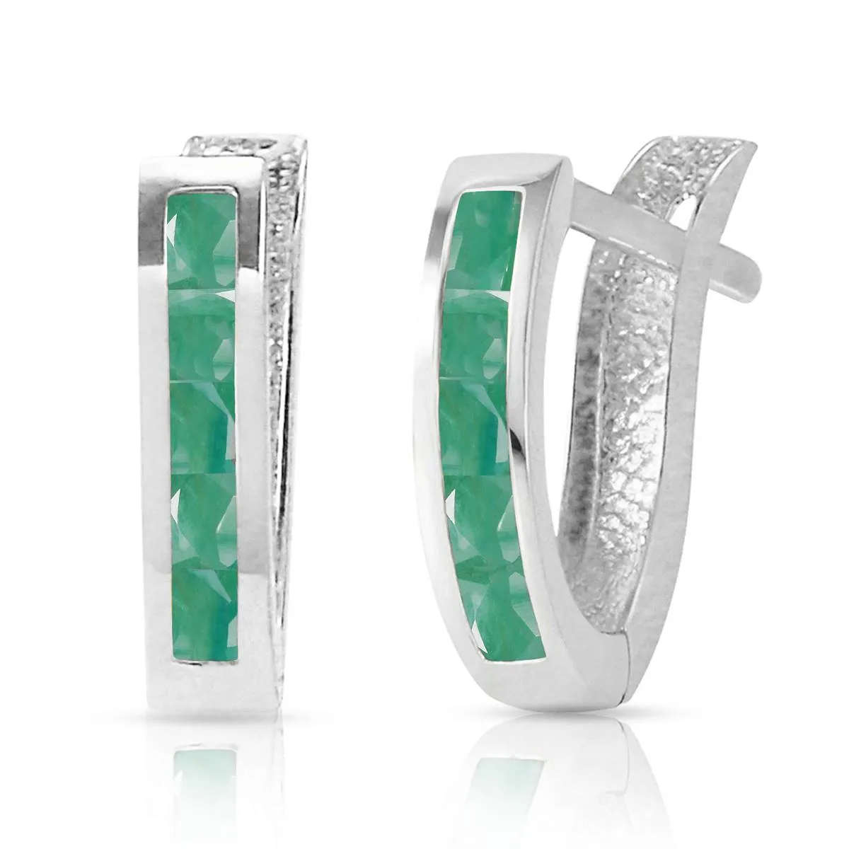 14K. SOLID WHITE GOLD OVAL HUGGIE EARRING WITH EMERALDS