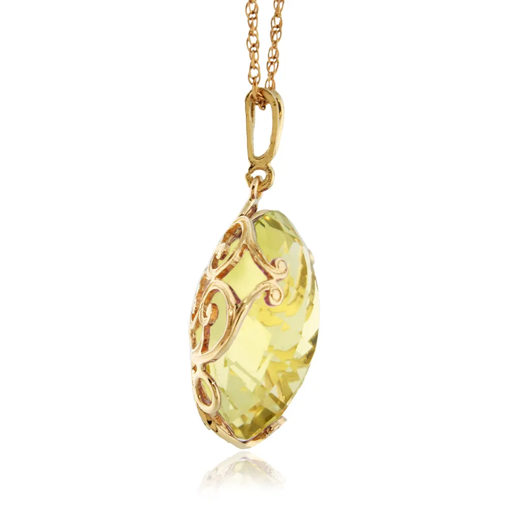 14K Solid Yellow Gold Checkerboard Round Lemon Quartz Necklace