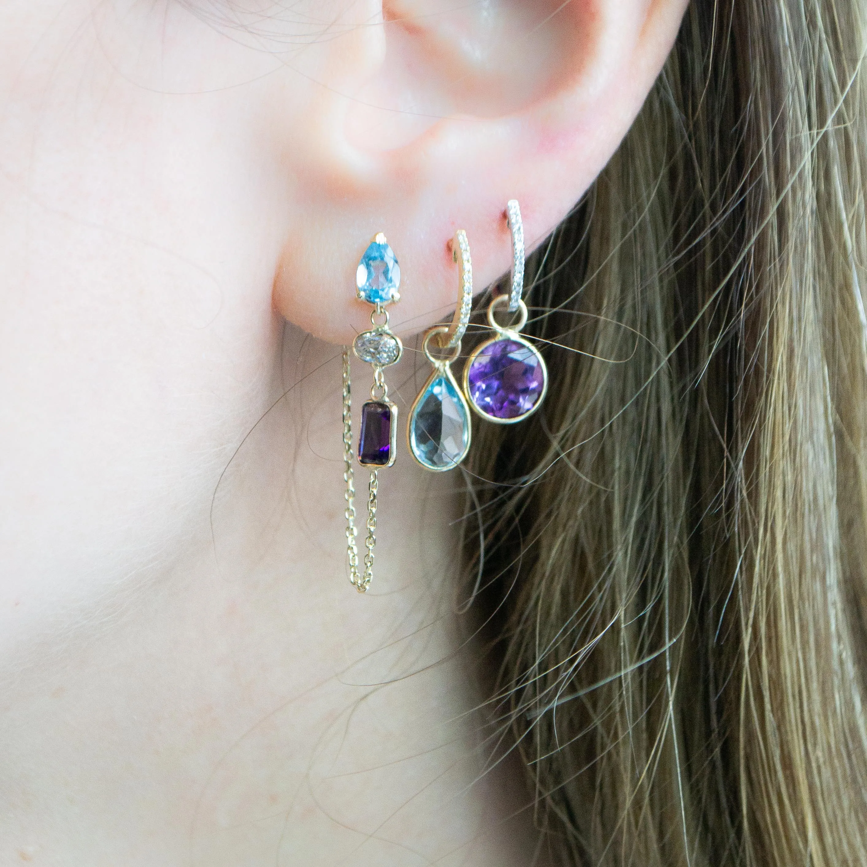 14K Yellow Gold Drop, Oval And Emerald Cut Blue Topaz, White And Amethyst Gemstones Chain Studs