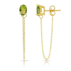 14K Yellow Gold Single Oval Peridot Gemstone Chain Studs Earrings