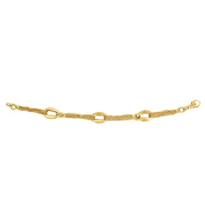 14k Yellow Gold Three Curved Oval Link Multi Stranded Cable Chain Bracelet, 7.5"