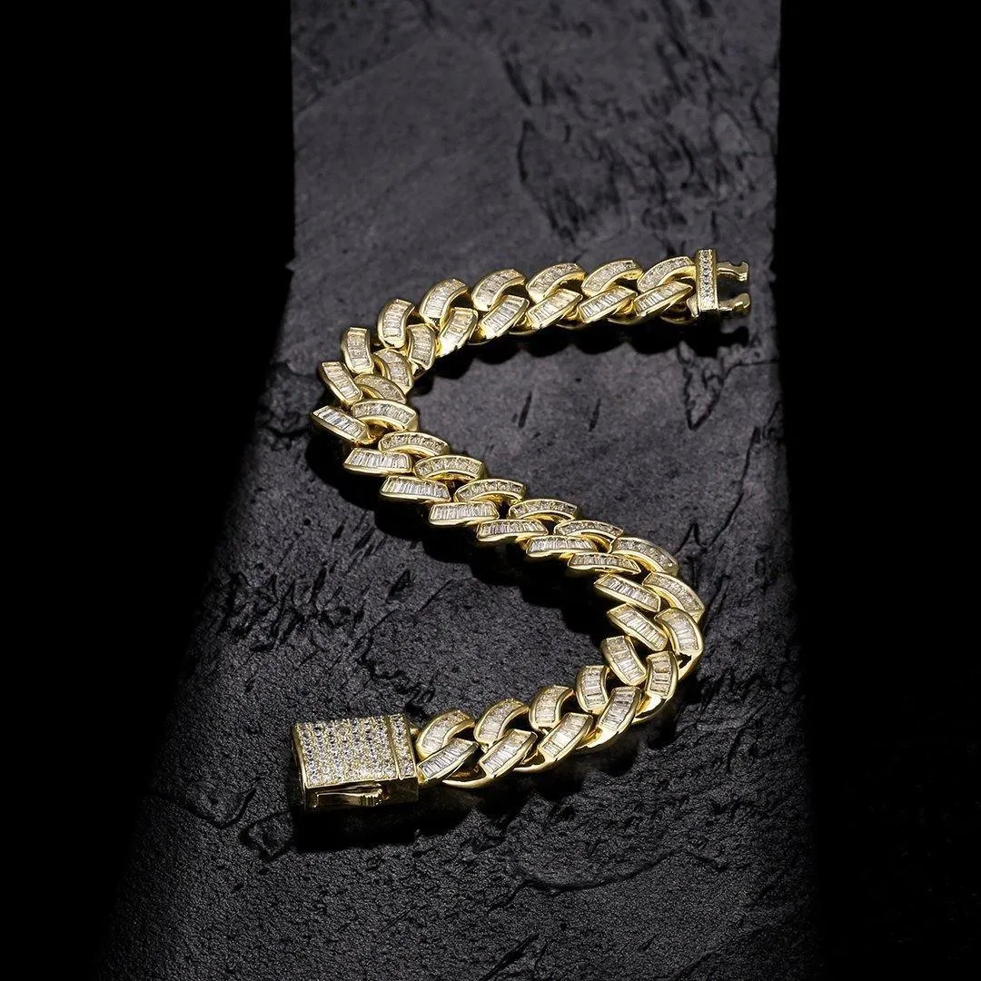 16mm Baguette CZ Mens Cuban Link Bracelet in 14K Gold