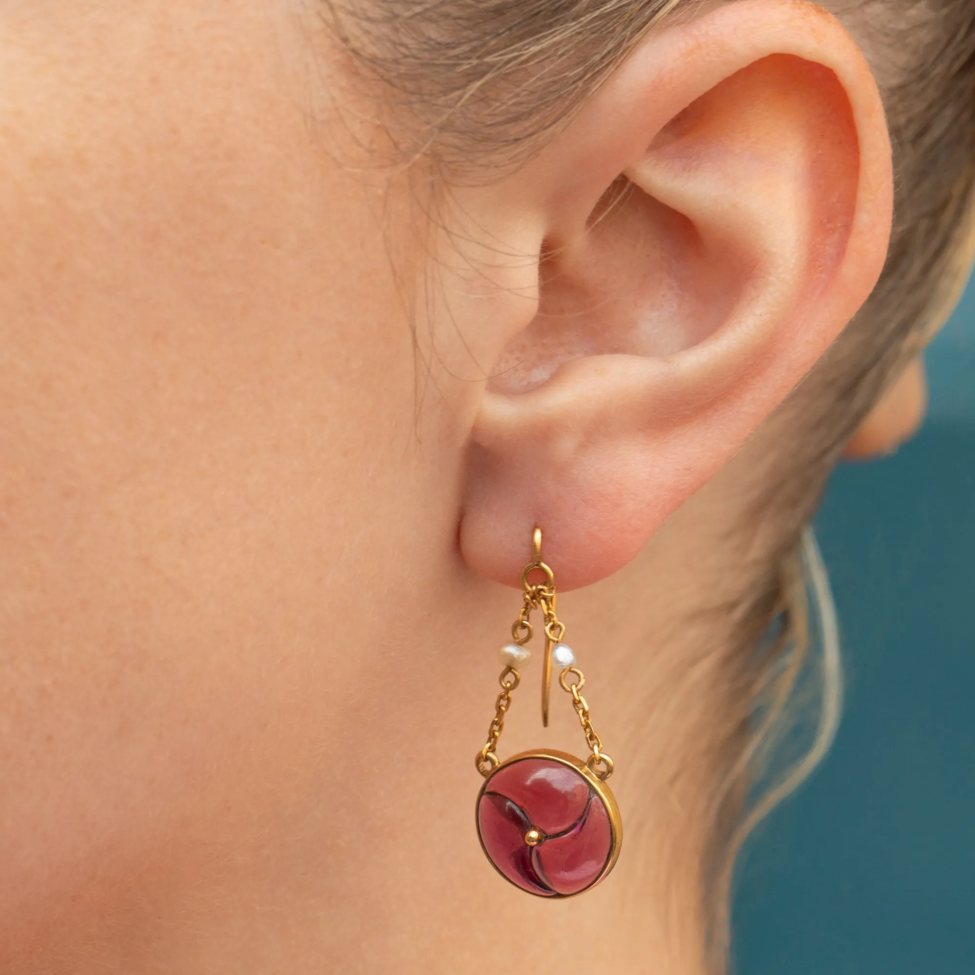 18ct Gold Carved Garnet Cabochon Drop Earrings, 3.86ct