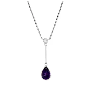18ct White Gold Pear Cut Amethyst & Diamond Long Drop Pendant & Chain