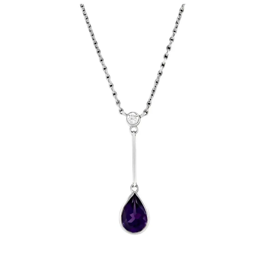 18ct White Gold Pear Cut Amethyst & Diamond Long Drop Pendant & Chain
