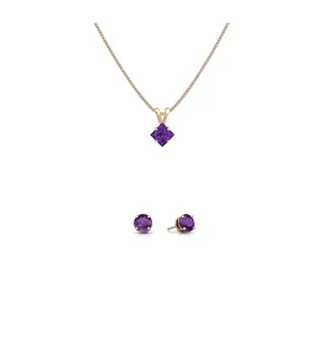 18K Rose Gold 3ct Amethyst Square 18 Inch Necklace and Round Earrings Set Plated