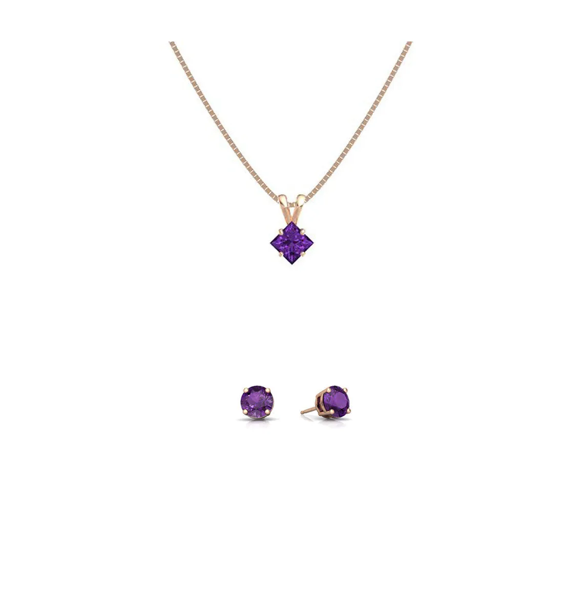 18K Rose Gold 3ct Amethyst Square 18 Inch Necklace and Round Earrings Set Plated