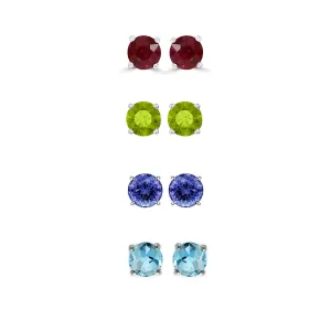 18k White Gold Plated 2Ct Created Ruby, Peridot, Tanzanite and Blue Topaz 4 Pair Round Stud Earrings