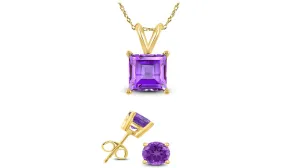 18K Yellow Gold 1/2ct Amethyst Square 18 Inch Necklace and Round Earrings Set Plated