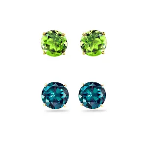18k Yellow Gold Plated 4Ct Created Peridot and Alexandrite 2 Pair Round Stud Earrings