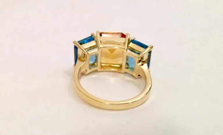 18kt Yellow Gold Mini Emerald Cut Ring with Orange Citrine and Blue Topaz
