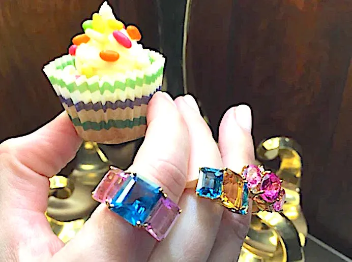 18kt Yellow Gold Mini Emerald Cut Ring with Orange Citrine and Blue Topaz