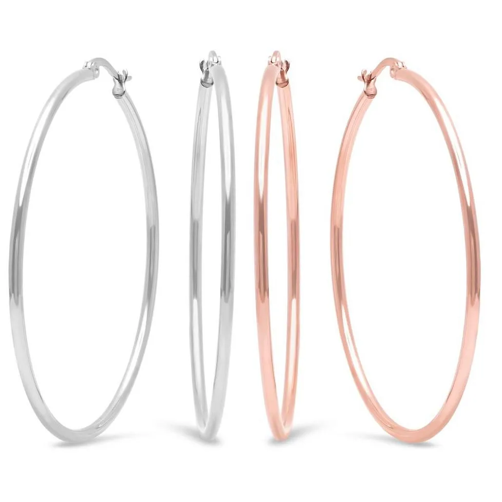 2-Pairs: Stainless Steel 50mm Hoop Earring Set
