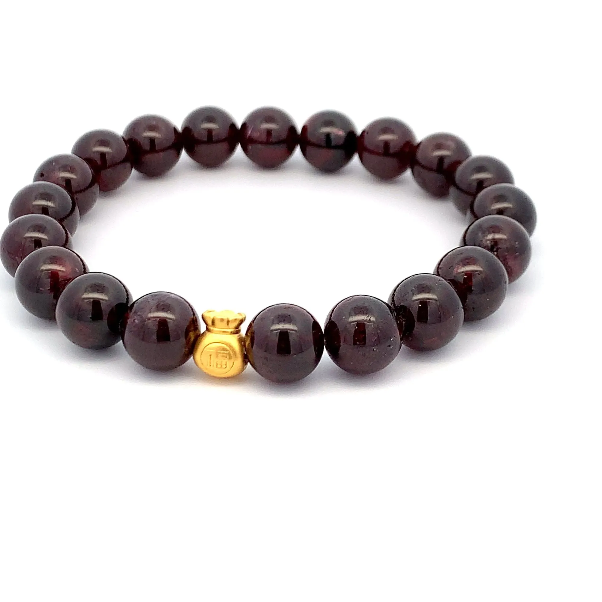 24K Gold Money Bag Lucky Charm Stretchable Bracelet Gemstones Garnet 10mm