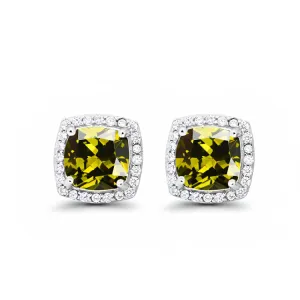 24k White Gold Plated 1/2 Ct Created Halo Princess Cut Peridot Stud Earrings