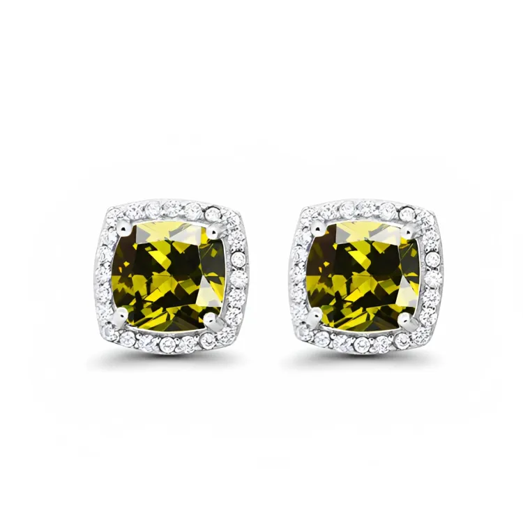 24k White Gold Plated 1/2 Ct Created Halo Princess Cut Peridot Stud Earrings