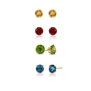24k Yellow Gold Plated 3Ct Created Citrine, Garnet, Peridot and Alexandrite 4 Pair Round Stud Earrings