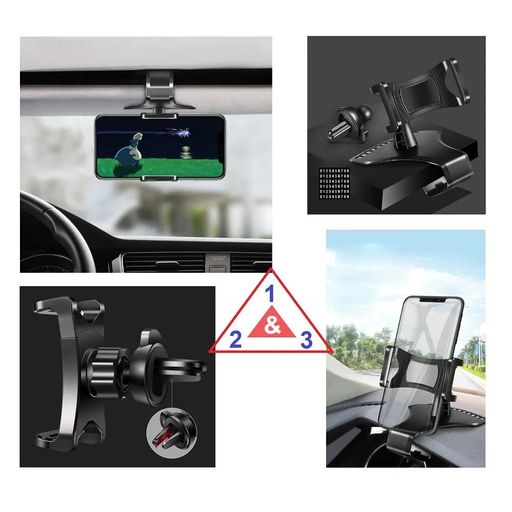3 in 1 Car GPS Smartphone Holder: Dashboard / Visor Clamp   AC Grid Clip for ZTE Radiant, Z740 - Black