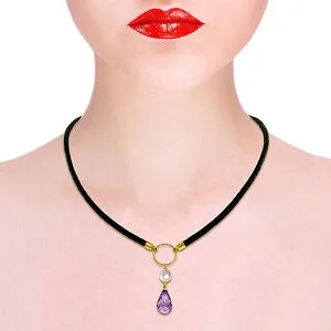 7.5 Carat 14K Solid Yellow Gold Leather Necklace Pearl Amethyst