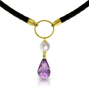 7.5 Carat 14K Solid Yellow Gold Leather Necklace Pearl Amethyst