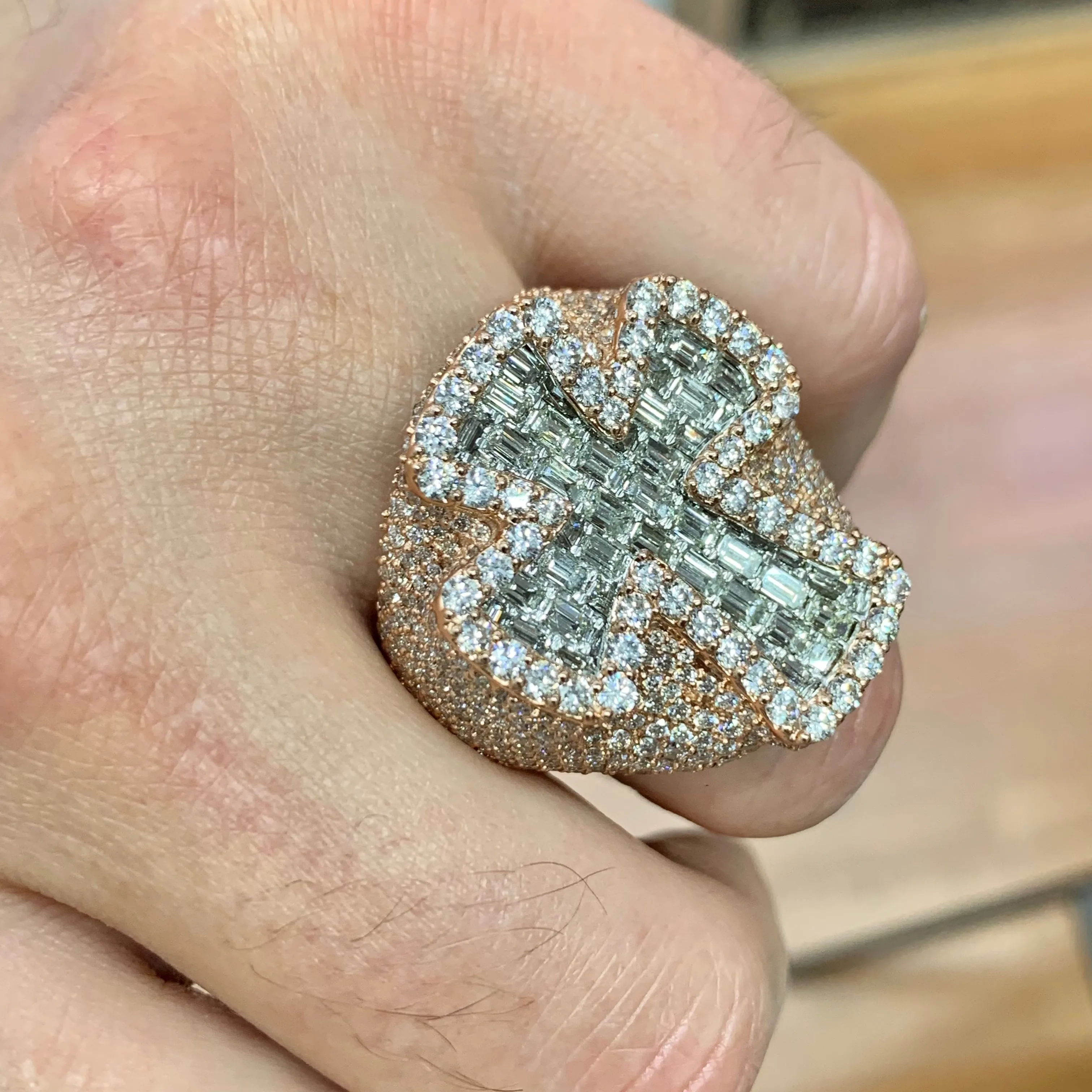 9.10ct Diamond 14k Rose Gold 3D Cross Ring (solid, emerald-cut VS diamonds)