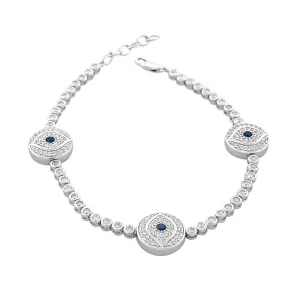 925 Sterling Silver White Blue Bezel-Set CZ Hamsa Evil Eye Womens Tennis Bracelet