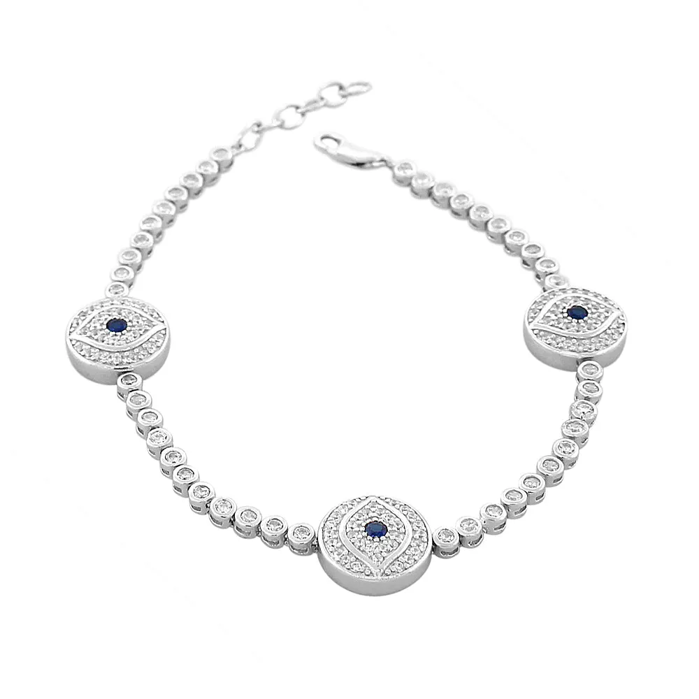 925 Sterling Silver White Blue Bezel-Set CZ Hamsa Evil Eye Womens Tennis Bracelet