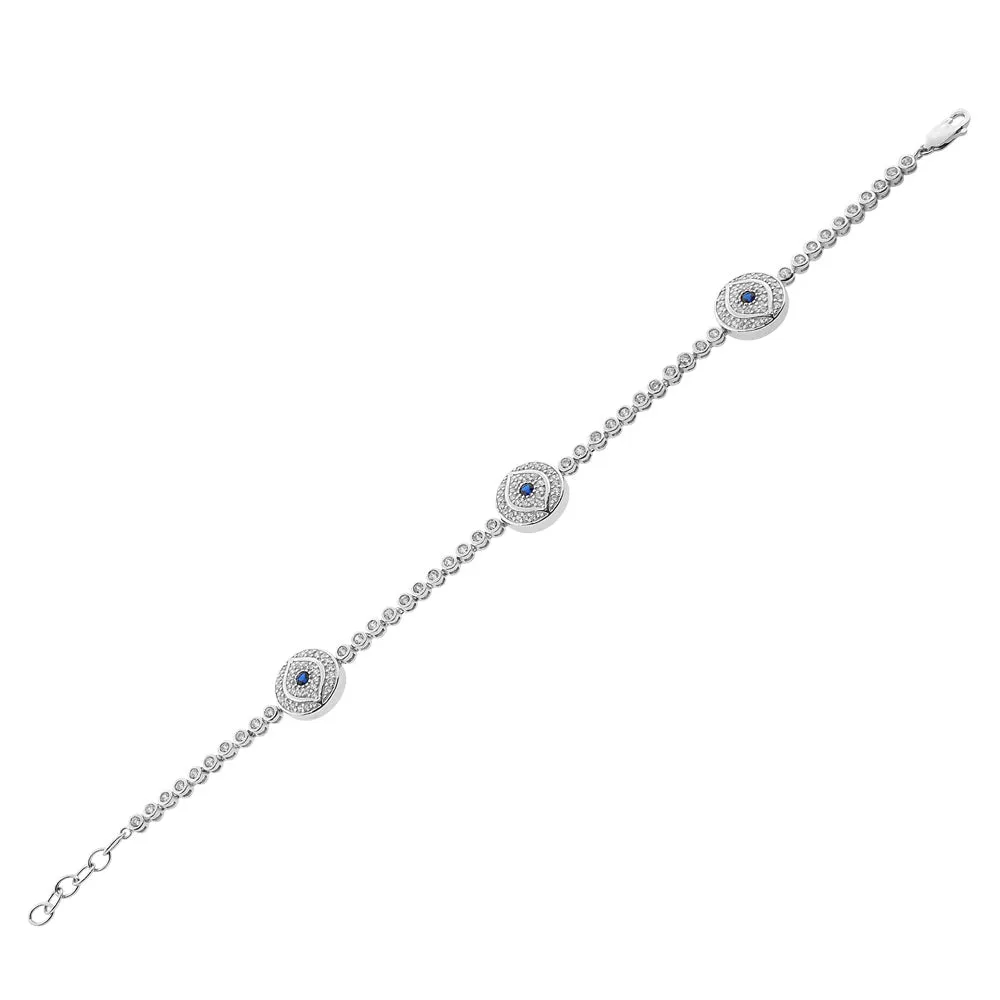 925 Sterling Silver White Blue Bezel-Set CZ Hamsa Evil Eye Womens Tennis Bracelet