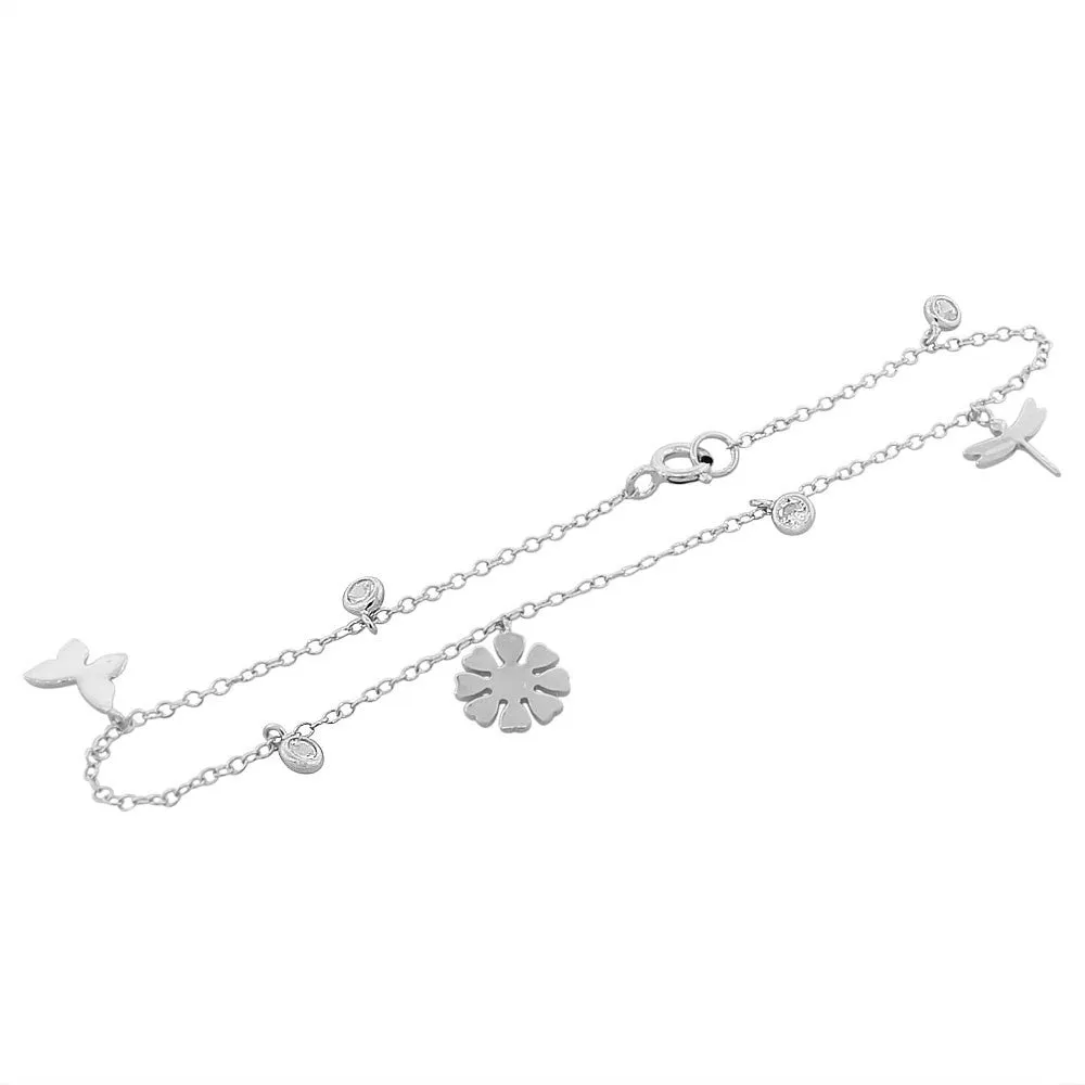 925 Sterling Silver White CZ Dragonfly Flower Womens Girls Link Chain Bracelet