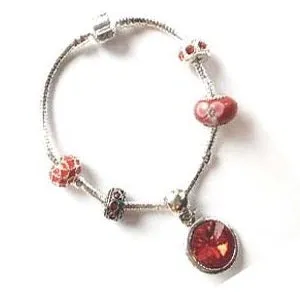 Adult's 'January Birthstone' Garnet Colored Crystal Silver Plated Charm Bead Bracelet