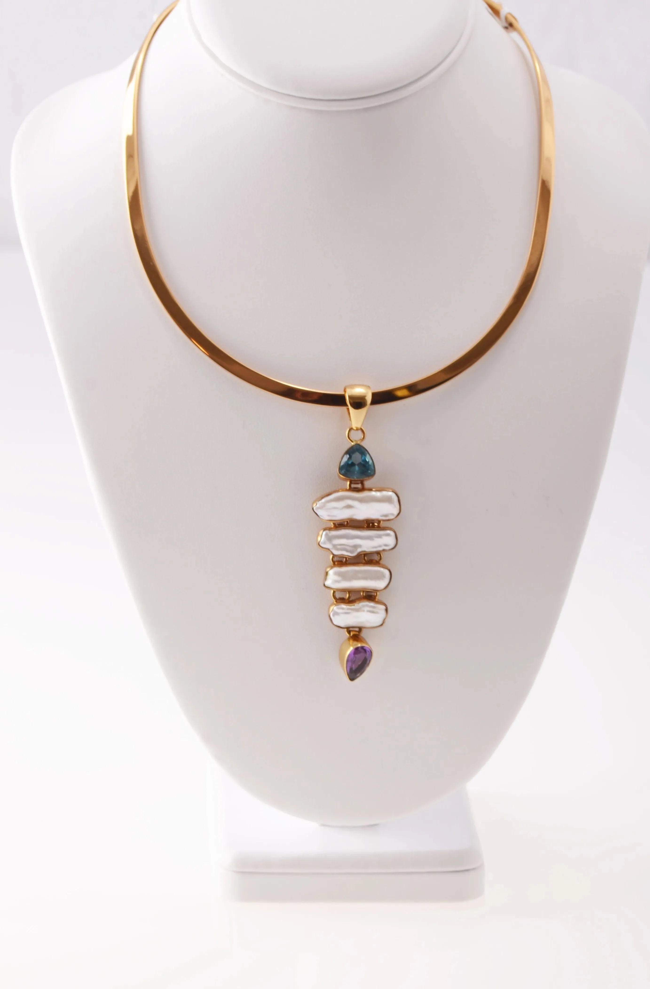 Alchemia Blue Topaz, Biwa Pearl & Amethyst Pendant