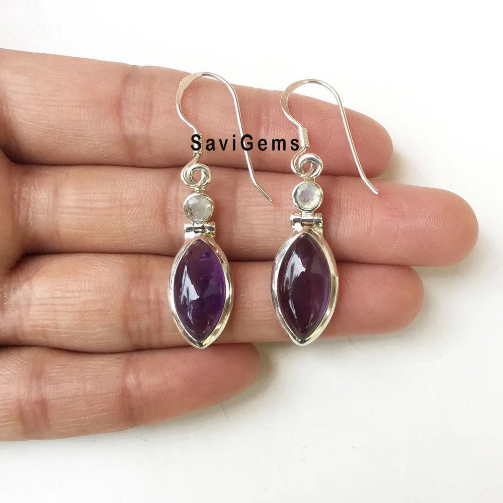 Amethyst & Rainbow Moonstone Facetted 925 Sterling Silver Earring