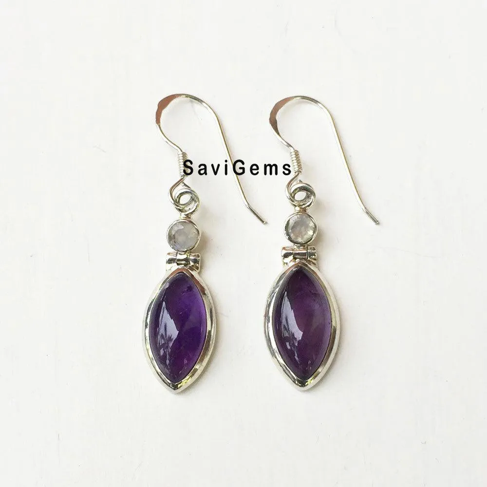 Amethyst & Rainbow Moonstone Facetted 925 Sterling Silver Earring