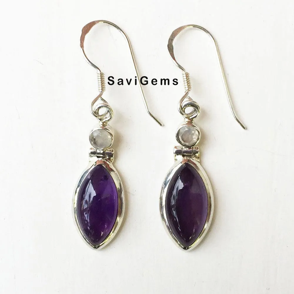 Amethyst & Rainbow Moonstone Facetted 925 Sterling Silver Earring