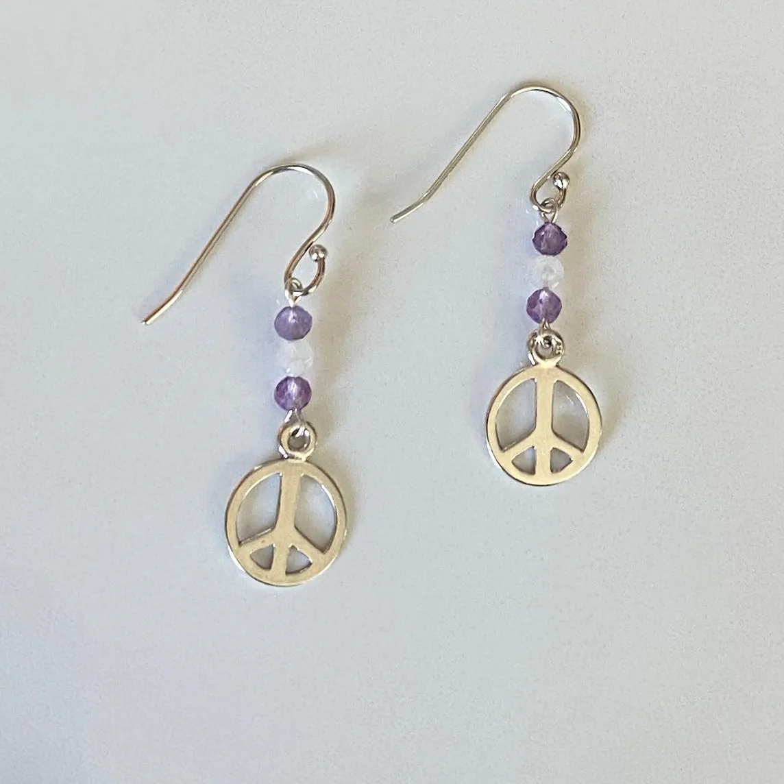 Amethyst, Moonstone Peace Charm Sterling Silver Earrings