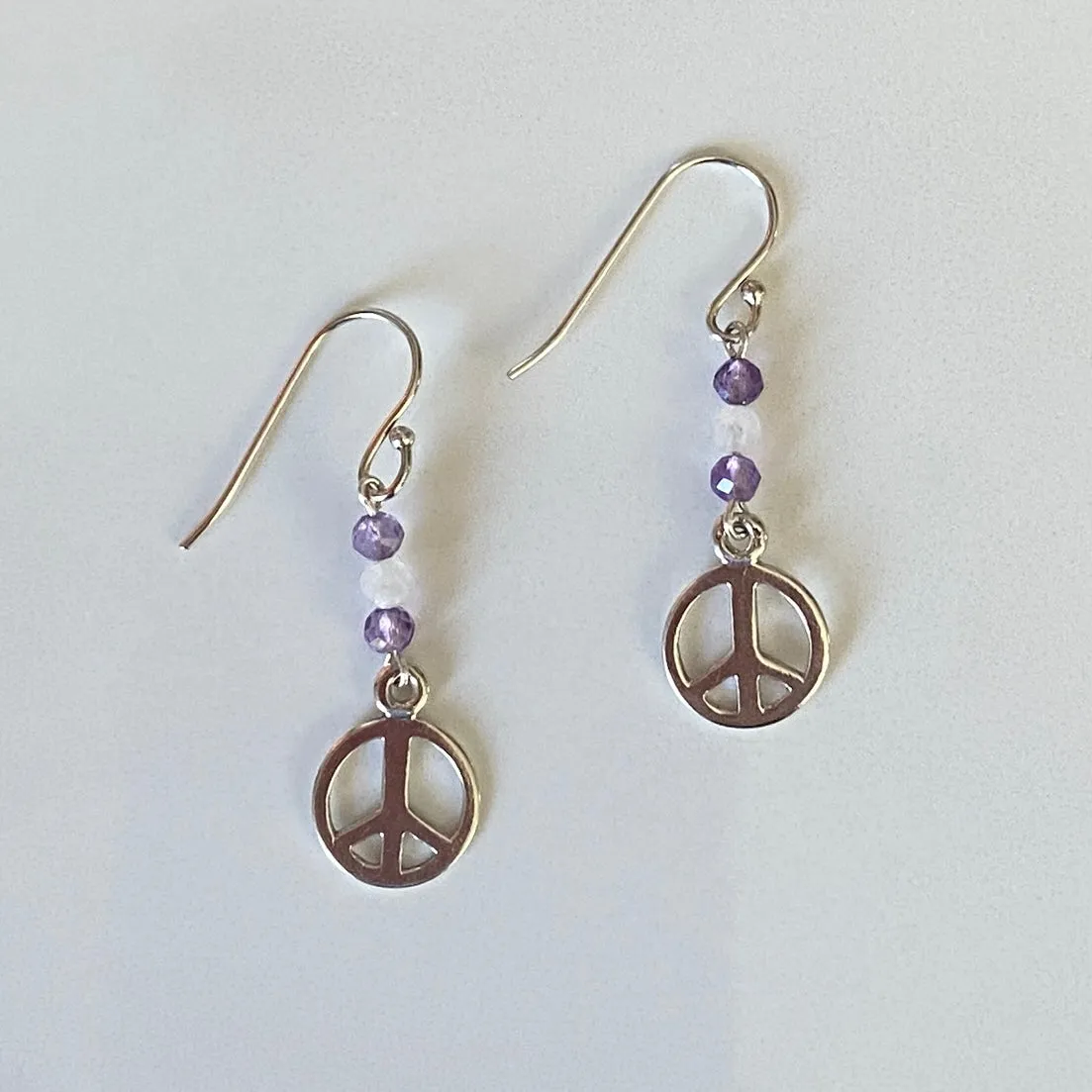 Amethyst, Moonstone Peace Charm Sterling Silver Earrings
