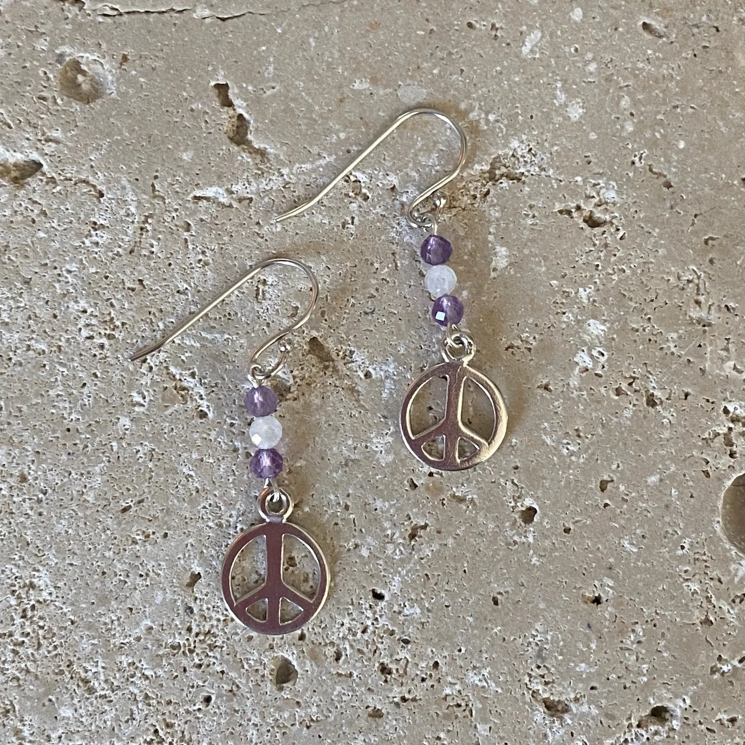 Amethyst, Moonstone Peace Charm Sterling Silver Earrings