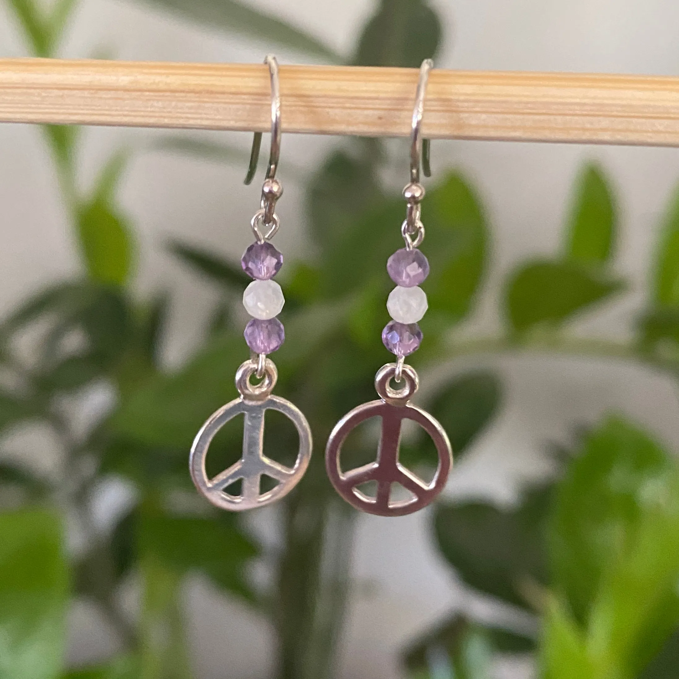 Amethyst, Moonstone Peace Charm Sterling Silver Earrings