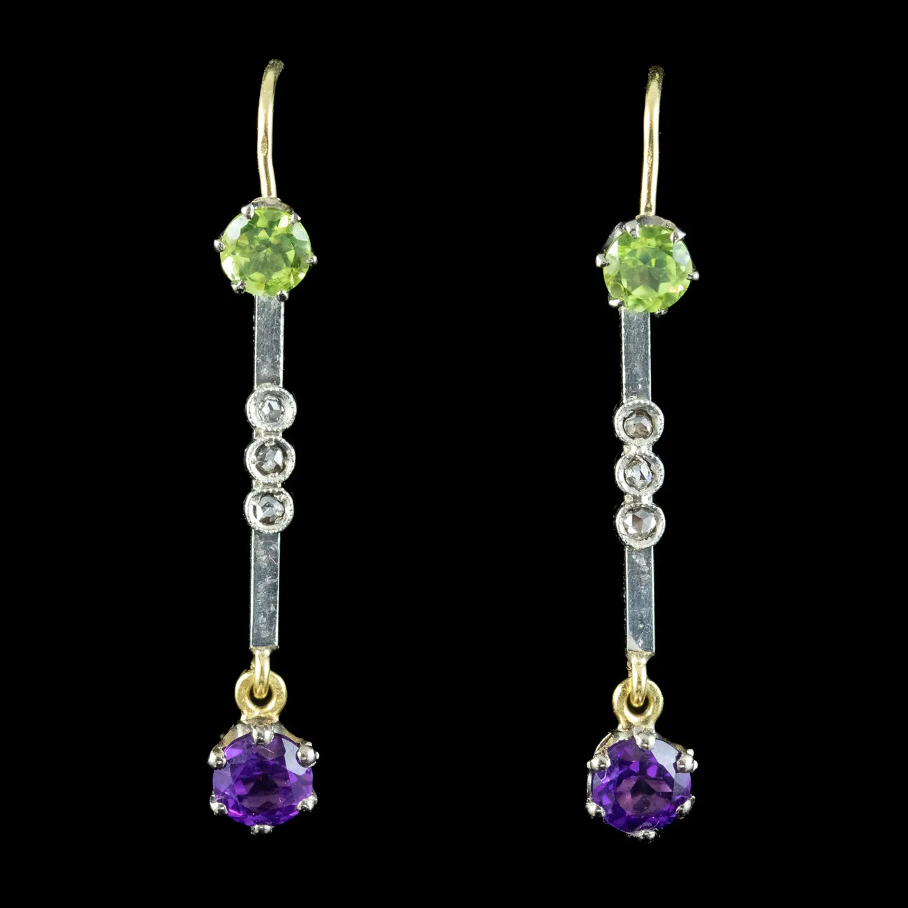 Antique Edwardian Suffragette Drop Earrings Amethyst Peridot Diamond