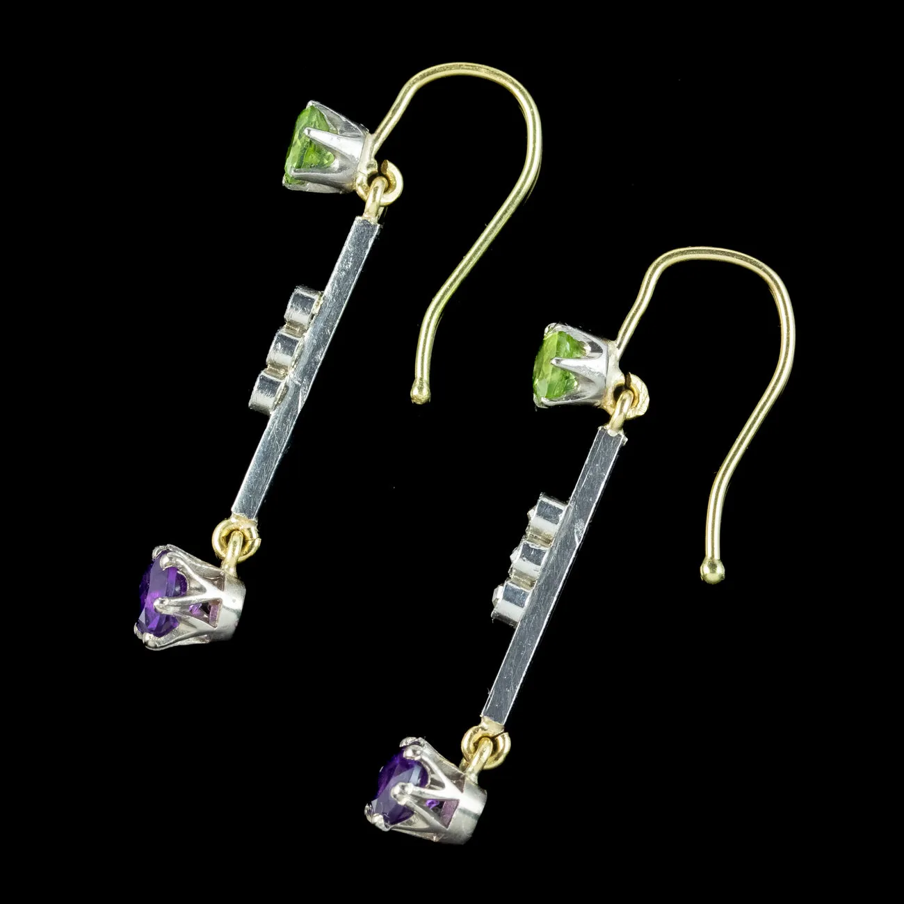 Antique Edwardian Suffragette Drop Earrings Amethyst Peridot Diamond