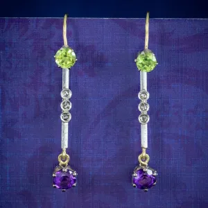 Antique Edwardian Suffragette Drop Earrings Amethyst Peridot Diamond