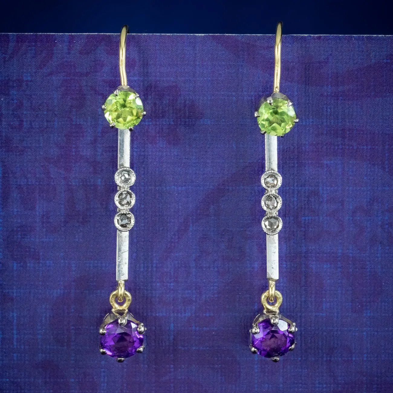 Antique Edwardian Suffragette Drop Earrings Amethyst Peridot Diamond
