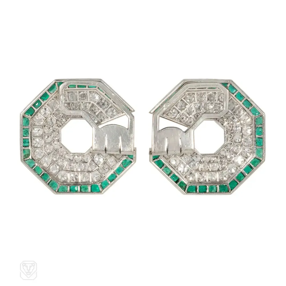 Art Deco emerald and diamond octagonal earrings