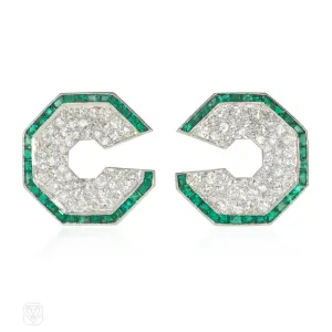 Art Deco emerald and diamond octagonal earrings