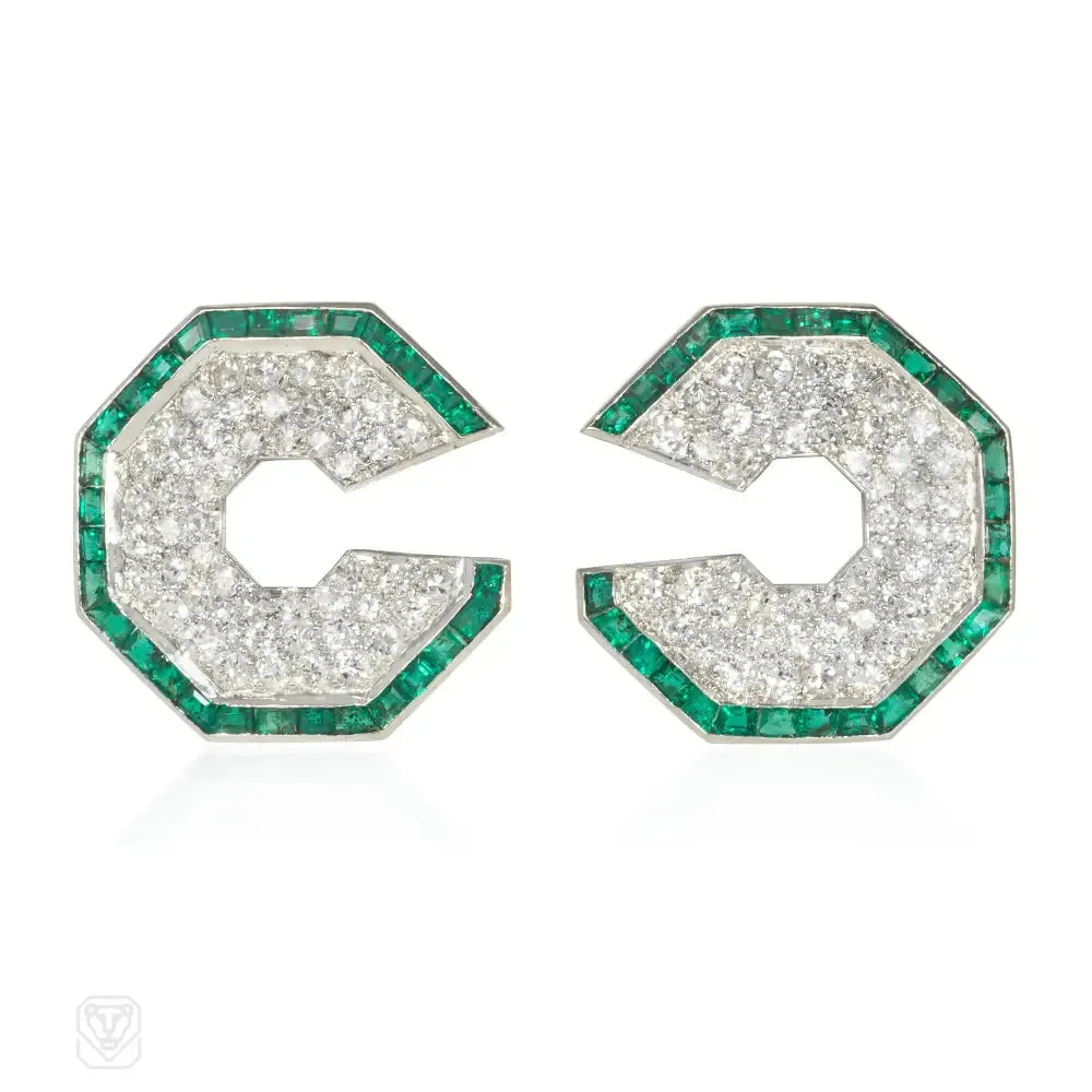 Art Deco emerald and diamond octagonal earrings
