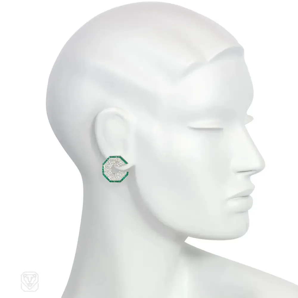 Art Deco emerald and diamond octagonal earrings