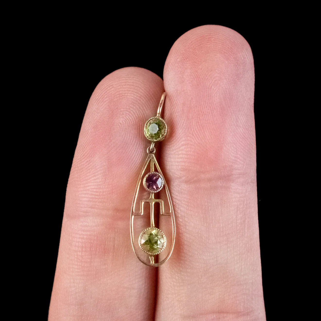Art Deco Peridot Garnet Drop Earrings 9ct Gold Circa 1920