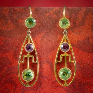 Art Deco Peridot Garnet Drop Earrings 9ct Gold Circa 1920