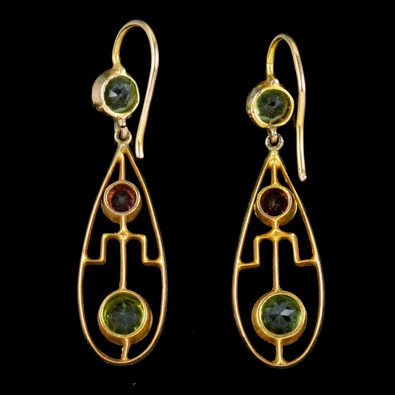 Art Deco Peridot Garnet Drop Earrings 9ct Gold Circa 1920