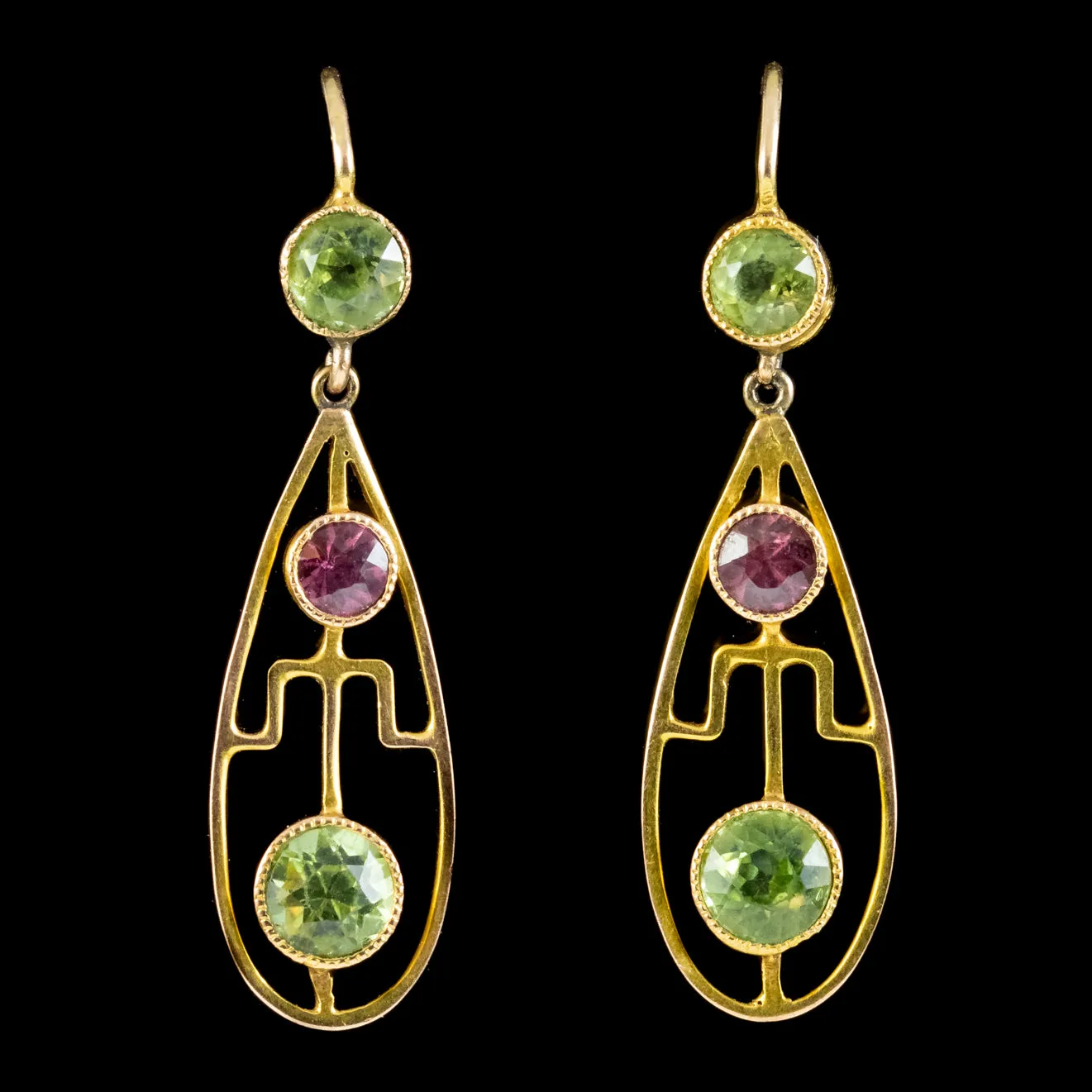 Art Deco Peridot Garnet Drop Earrings 9ct Gold Circa 1920